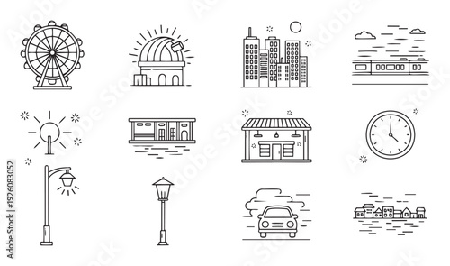 Versatile collection of minimalist outline vector icons representing urban city architecture, public transportation, and street elements for modern infographic presentations and interface