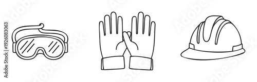 Essential personal protective equipment including safety goggles, work gloves, and a hard hat, ideal for industrial safety presentations, construction site guides, and occupational health
