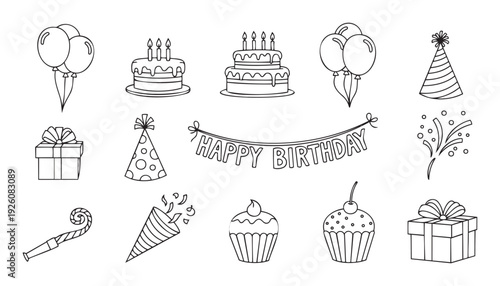 Collection of festive black outline birthday party celebration elements including cakes balloons gifts hats banner and confetti for joyful event invitations and greeting prints