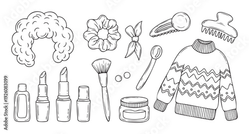 Assortment of hand drawn line art cosmetics, personal care items, hair accessories, and a cozy winter sweater perfect for coloring books or beauty blogs.