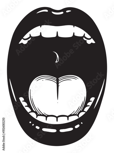 Bold black and white graphic showing a wide open mouth with teeth and a tongue, perfect for expressive poster designs, apparel, or pop culture merchandise.