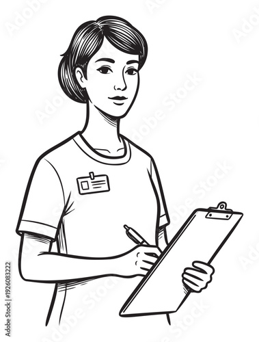 Professional Asian woman healthcare worker holding a clipboard and pen, ready to take notes or document patient information, ideal for medical or educational publications