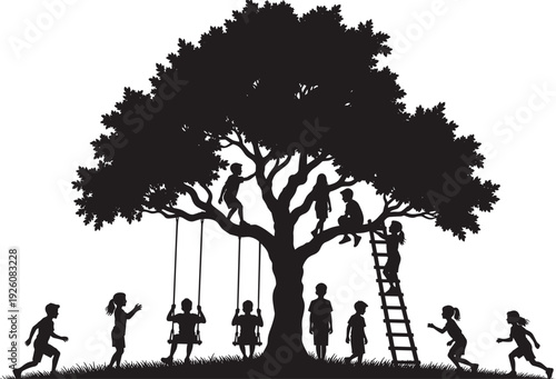 Silhouette of children playing on large tree with swings and ladder, happy kids enjoying outdoor childhood adventure in summer park vector illustration