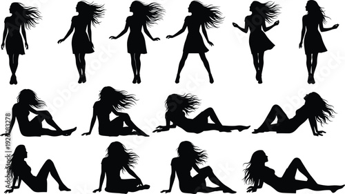 Woman silhouette poses set dancing standing and sitting female figure black and white vector illustration collection