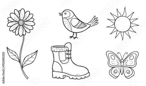 Monochrome line art of a blooming daisy, a cheerful bird, a bright sun, a sturdy boot, and a delicate butterfly suitable for educational content and childrens activity books.