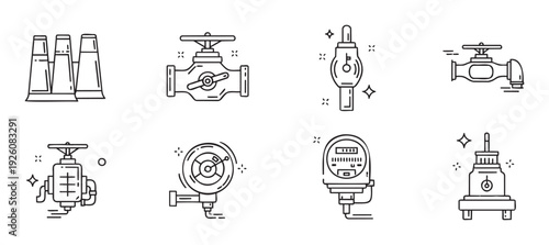 A collection of industrial process control and pipeline equipment line icons representing manufacturing and engineering systems for various technical applications