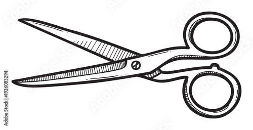 Detailed black and white sketch style drawing of open scissors an essential cutting tool ideal for educational materials crafting tutorials and office supply graphics