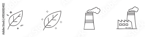 Line icons representing the environmental contrast between sparkling clean leaves and polluting industrial factories with smoking chimneys, suitable for ecological sustainability projects.