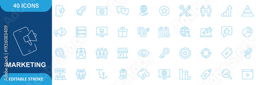Marketing icon set. Containing campaign, market research, strategy, target audience, branding, advertising, promotion etc. editable stroke. Vector illustration