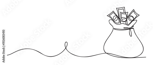 A continuous single line drawing illustrating a smooth progression leading to a money bag filled with cash, suitable for financial planning and economic content.