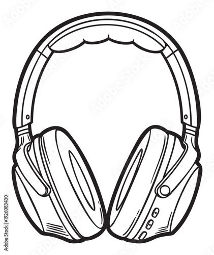 Black outline drawing of modern over ear headphones, perfect for use in music technology education materials, audio equipment product guides, or youth entertainment publications.