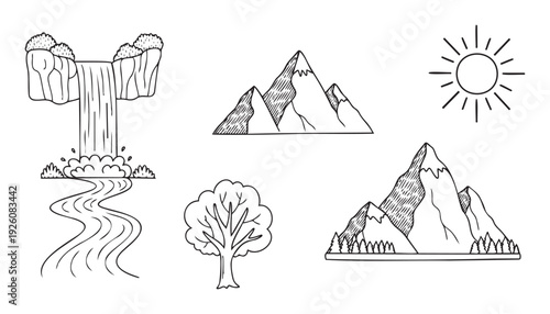 Simple outdoor nature elements including a flowing waterfall, majestic mountains, a bright sun, and a solitary tree, perfect for childrens books, educational content, or travelthemed