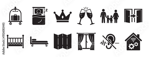 Hospitality glyph icons for hotel services and travel amenities, featuring accommodation options, luxury experiences, family comfort, quiet rooms, and smart home technology for tourism