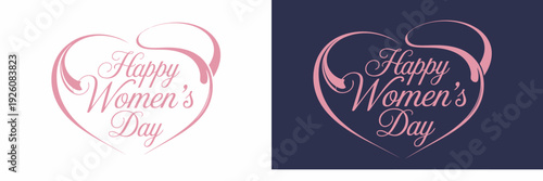 Two heart shapes with Happy Womens Day text in pink on white and dark blue backgrounds