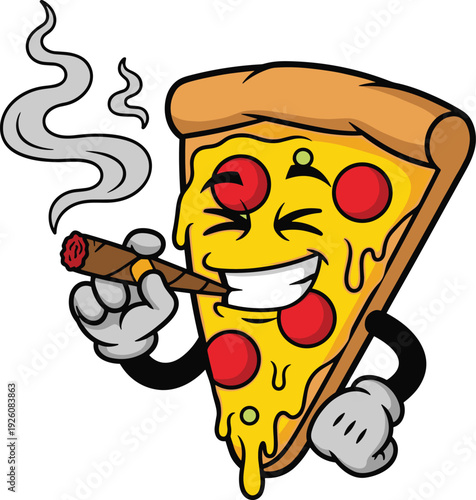 Funny pizza slice cartoon character smoking cigar, humorous food mascot design, crazy junk food vector illustration isolated