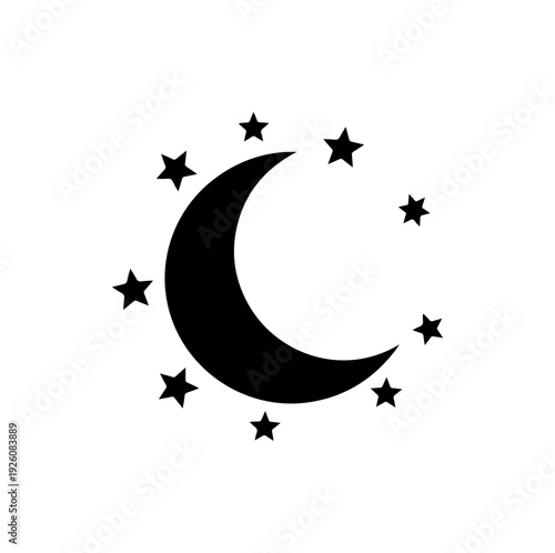 Dreamy crescent moon surrounded by twinkling stars in night sky