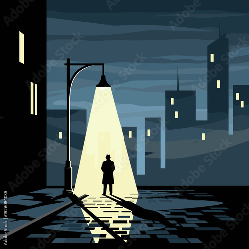 Detective Silhouette Standing Under a Street Lamp at Night