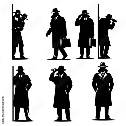 Set of Professional Black Detective Silhouettes in Action