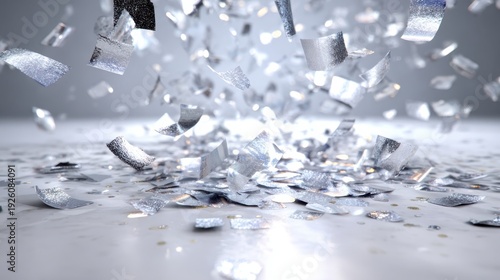 Dynamic Silver Confetti Falling on Bright Surface in Celebration Scene