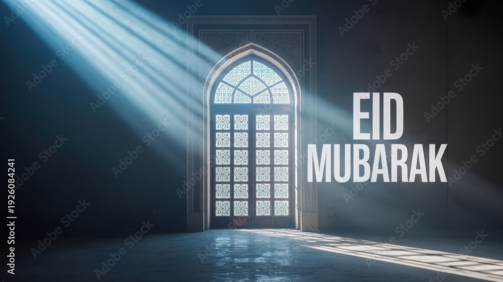 Fototapeta premium Eid mubarak greeting with beautiful light rays through a decorative door