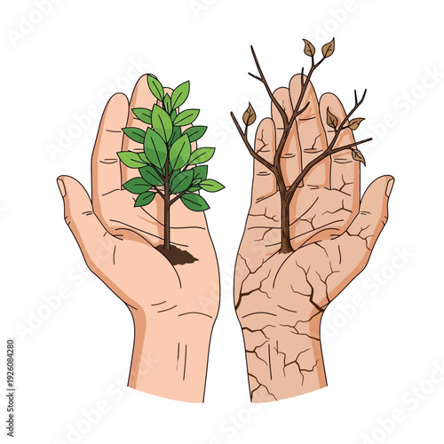 Hands holding contrasting trees: growth vs. decay, life vs. death, hope vs. despair concept