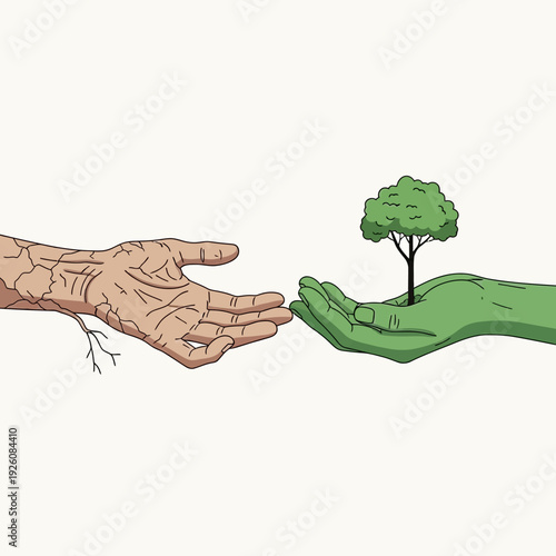 Human Hand Offers Branch to Green Hand Holding Young Tree