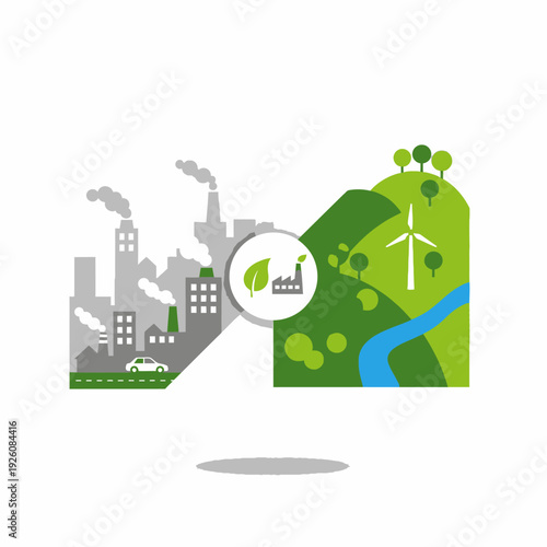 Industrial pollution vs. green energy: city vs nature, clean future concept