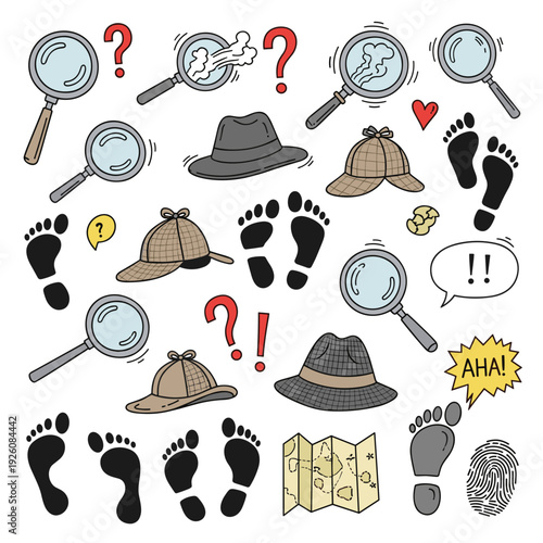 Grid Set of Investigation Clues with Footprints and Magnifier