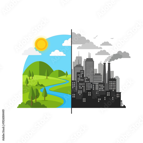Nature vs Industry: Clean Green Landscape Divided from Polluted Cityscape