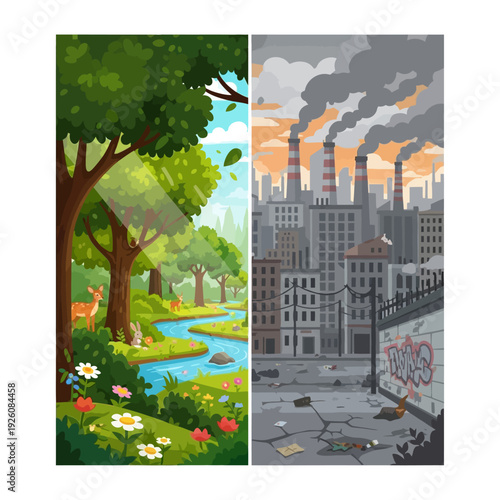 Nature vs Industry: Pristine Forest River Meets Polluted Cityscape