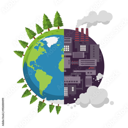 Planet Earth split: Green nature vs. polluted industrial city, climate change concept