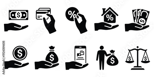 Loan And Debt Icons Set, Editable Line and Flat Vector Icons Representing Loans, Debts