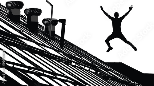 Silhouette of jumping man over industrial rooftop with solar panels, urban renewable energy concept, dynamic freedom action scene, black and white vector illustration