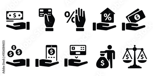 Loan And Debt Icons Set, Vector Collection of Financial Symbols, Money, Credit, Borrowing