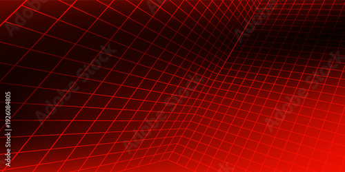 Red glowing neon wireframe background. Shining diagonal checkered grid planes in perspective. Retro futuristic depth wallpaper. Arcade game sci fi matrix surface backdrop for poster, banner.