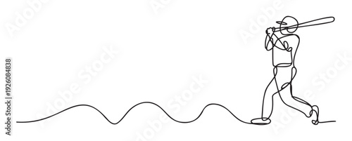 Dynamic continuous line drawing of a baseball player in action swinging a bat, perfect for sports event promotions athletic apparel designs or active lifestyle branding materials