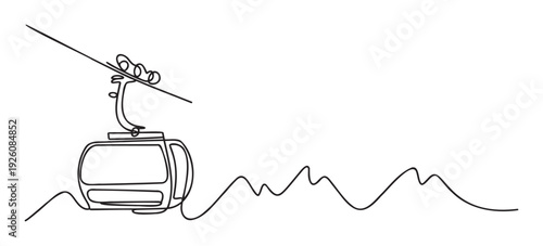 Minimalist continuous line drawing of a ski gondola moving above an abstract mountain range, perfect for travel, winter sports, or outdoor adventure themes.