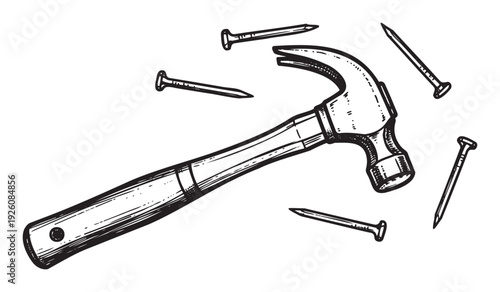 Sturdy claw hammer and various metal nails representing fundamental tools for construction, home improvement, or general repair work