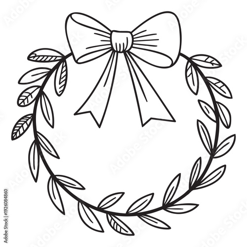 Simple line drawing of a charming leafy wreath adorned with a tied ribbon bow, ideal for creating festive greetings, seasonal decorations, and elegant event invitations.