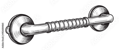 A classic black and white engraved drawing of a robust safety grab handle featuring a textured grip, ideal for illustrating accessibility, support, and architectural concepts