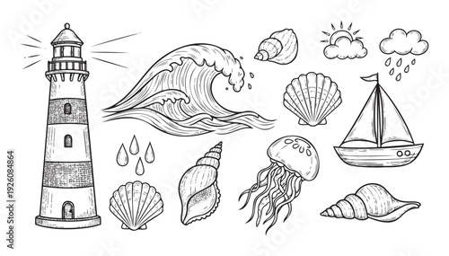 Coastal themed collection featuring lighthouse, ocean waves, seashells, jellyfish, and sailboat, perfect for travel promotions, marine activities, and summer vacation projects