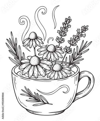 A comforting hand drawn teacup brimming with chamomile flowers, lavender sprigs, and rosemary, ideal for depicting natural herbal remedies and wellness lifestyle content.
