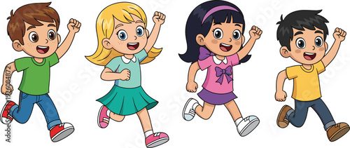 Happy cartoon kids running together, active children illustration, fun play and teamwork concept, vector design for education