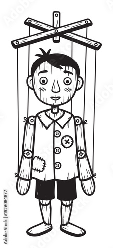 A handdrawn black and white wooden marionette puppet with strings attached to a control bar, ideal for illustrating concepts of manipulation or theatrical performance.