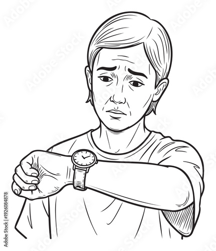 A young individual looking anxiously at their wrist watch with a stressed expression, conveying feelings of time pressure, deadlines, impatience, and the anxiety of waiting, suitable for