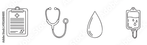 Essential medical icons set including a patient chart, professional stethoscope, abstract blood drop, and intravenous fluid bag for healthcare industry websites and educational materials.
