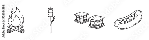 Fun collection of outdoor camping essentials like a cozy campfire, roasted marshmallows, delicious smores, and a classic hot dog perfect for summer adventure themed graphics