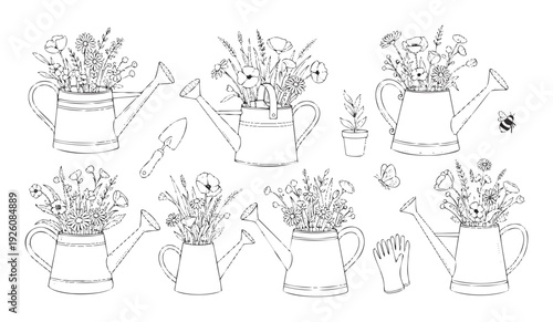 Black and white line drawings featuring watering cans filled with diverse wildflowers, essential gardening tools, suitable for spring and outdoor hobby publications.