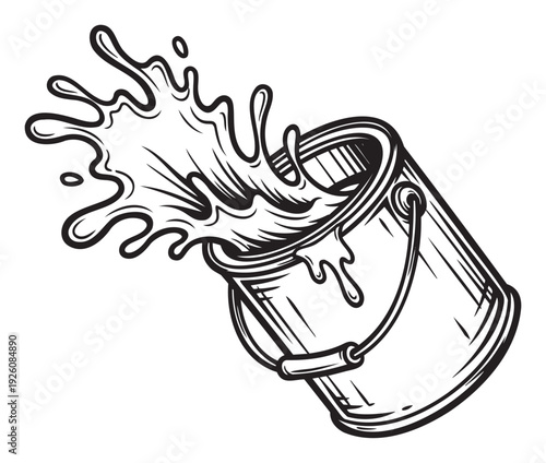 Dynamic black and white outline of a paint bucket tipping over and splashing liquid, ideal for home improvement advertisements, creative projects, or craft supply labels.