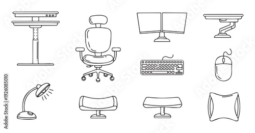 Outline icons showcasing ergonomic office equipment like adjustable standing desk, office chair, dual monitors, keyboard, mouse, and footrests for a healthy productive workspace.